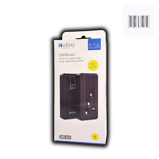 Batería Power Bank Recargable Portátil 20,000 mAh con 4 Cables y Linterna LED NEBRO WB-214