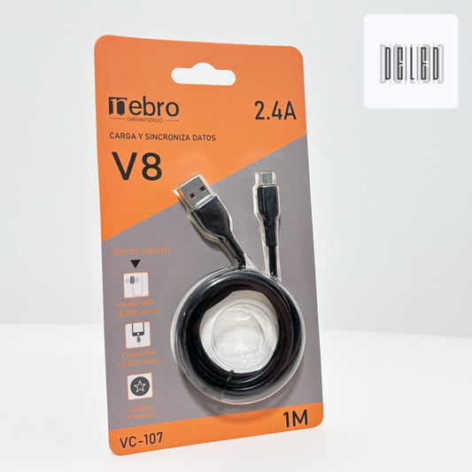 Cable Cargador USB V8 Micro USB 1 Metro 2.4A Calidad Original NEBRO VC-107