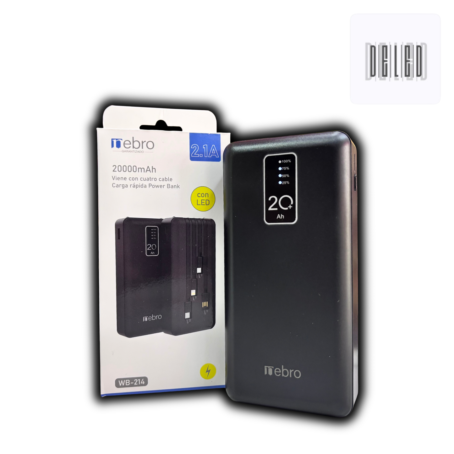 Batería Power Bank Recargable Portátil 20,000 mAh con 4 Cables y Linterna LED NEBRO WB-214