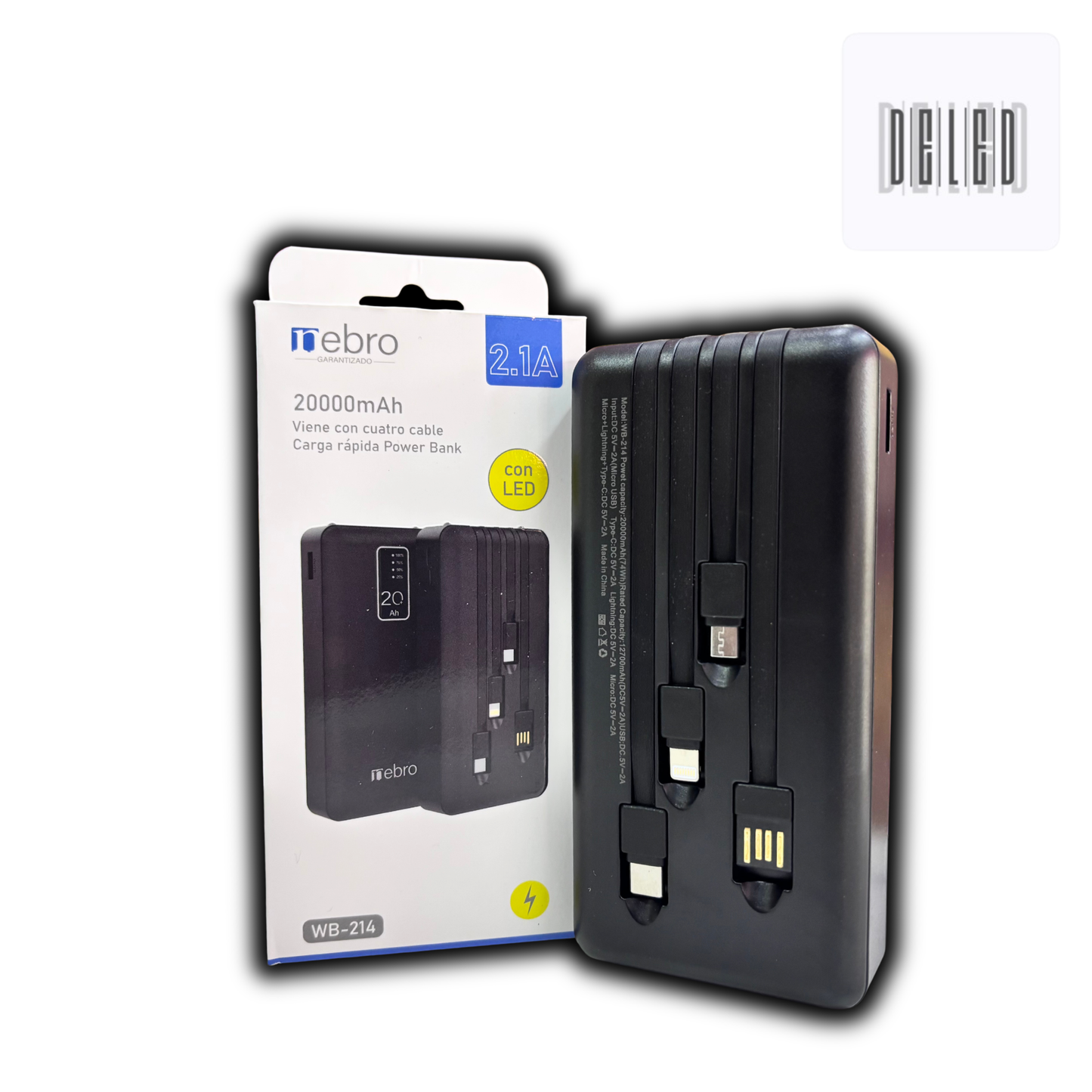 Batería Power Bank Recargable Portátil 20,000 mAh con 4 Cables y Linterna LED NEBRO WB-214