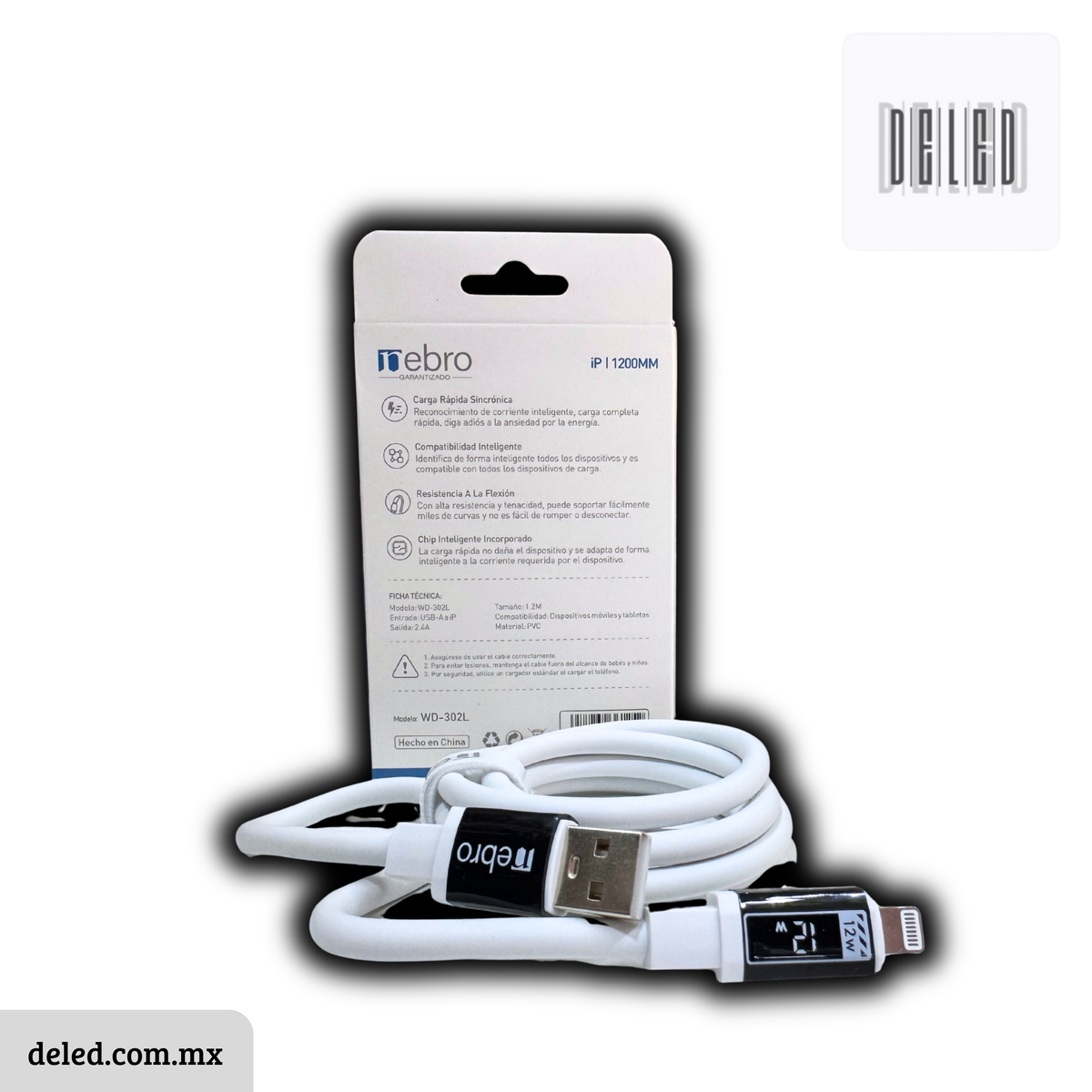 Cable Cargador USB Lightning para iPhone 1.2 Metros 2.4A Calidad Original NEBRO WD-302L